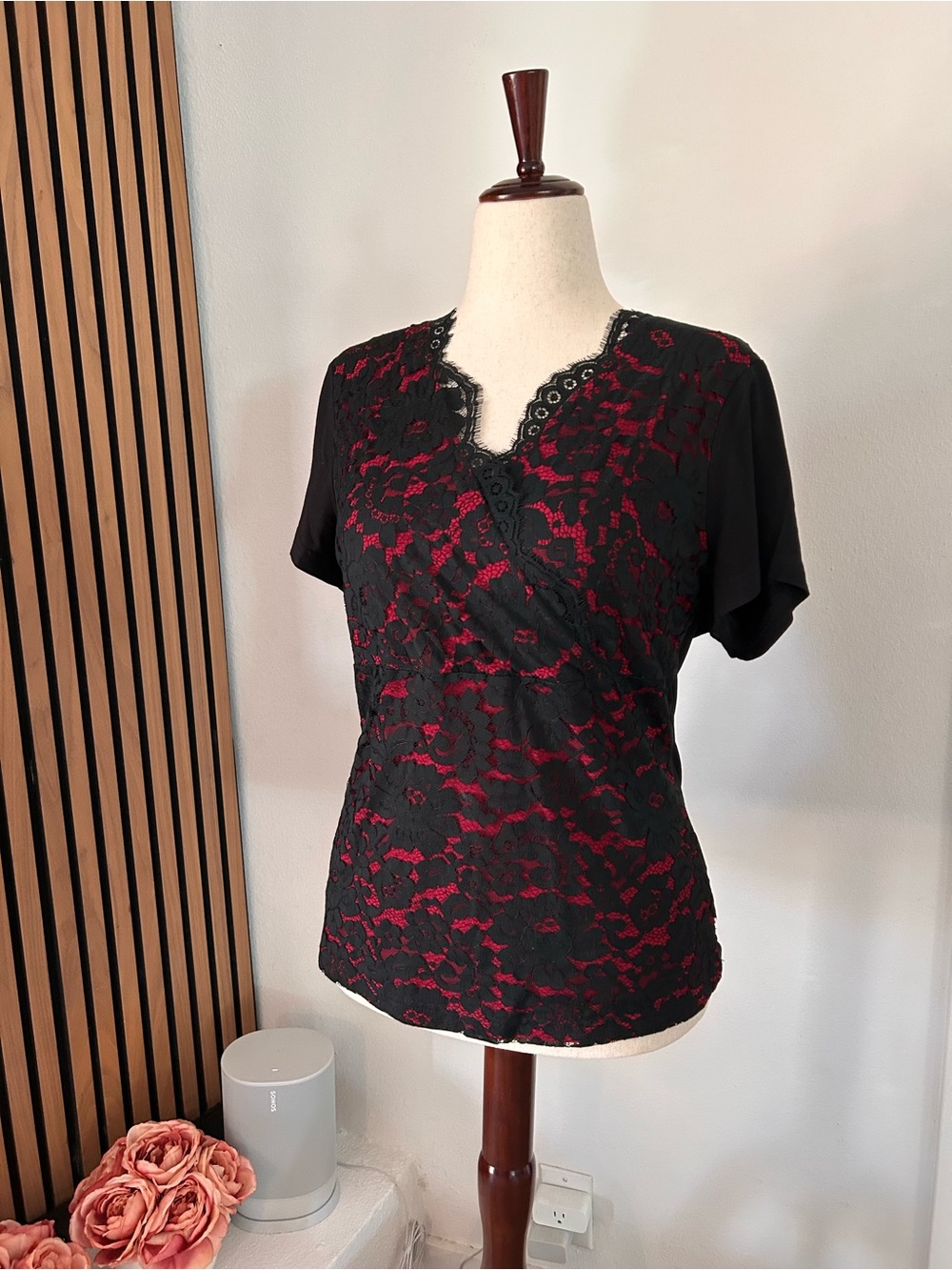 Women’s Black Lace Overlay Top with Red Underlay